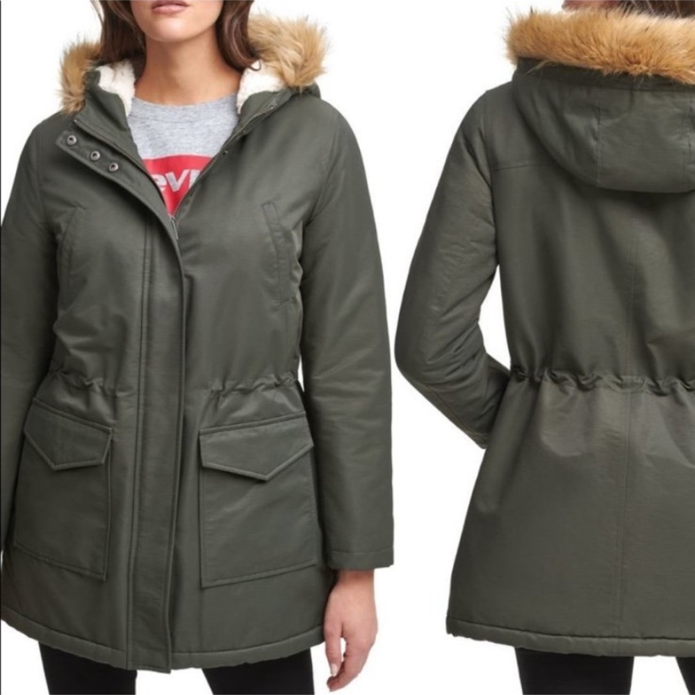 Levi's Water Repellent Parka with Faux Shearling Lining & Faux Fur Trim